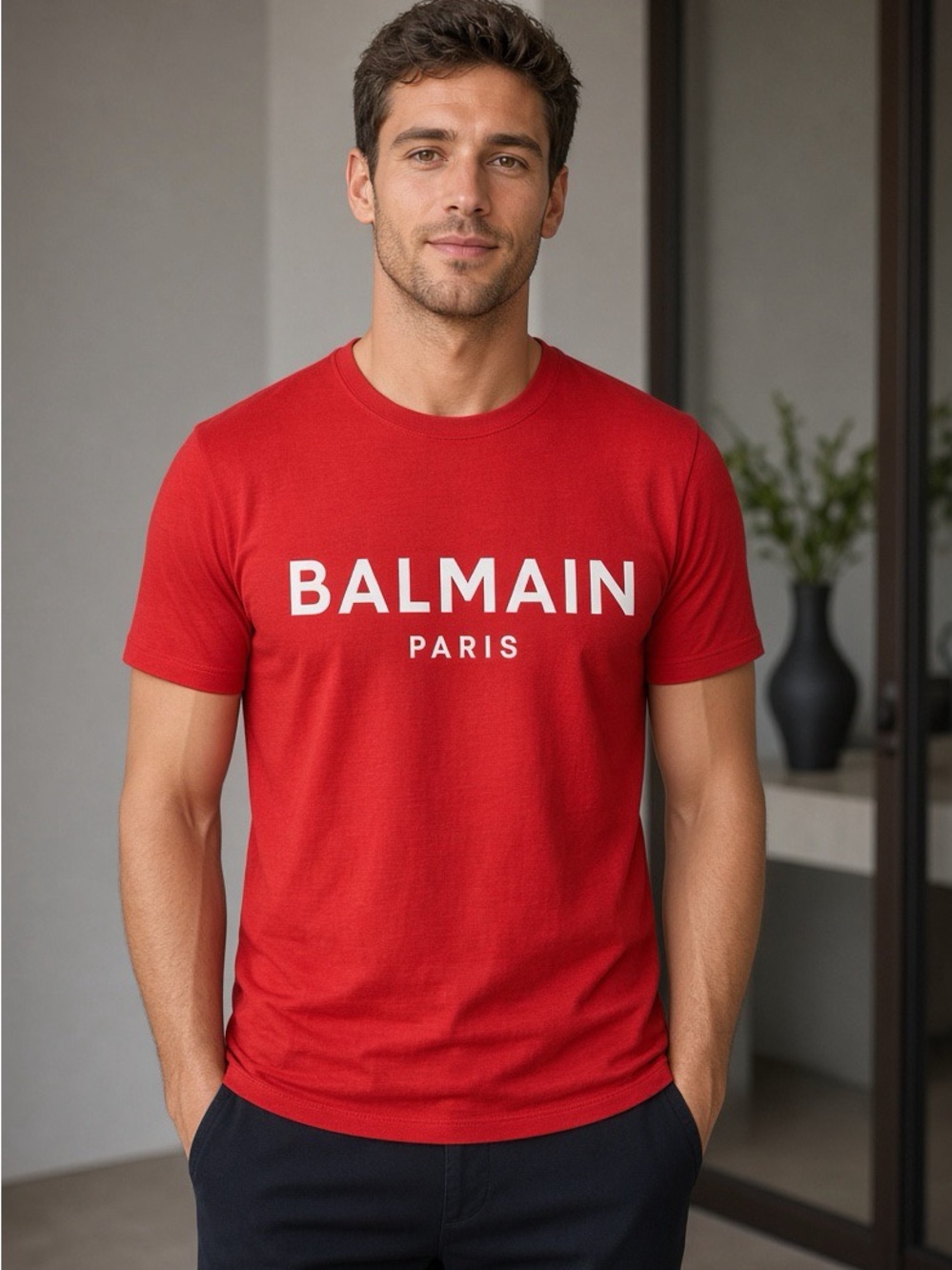 Balmain Red Crewneck Logo Tee
